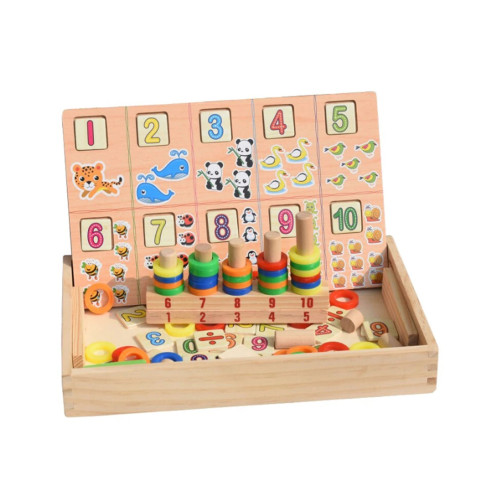 Joc educativ, tablita din lemn Montessori, multifunctionala, cu 2 fete, cifre si abac, pentru copii, multicolor, + 3 ani